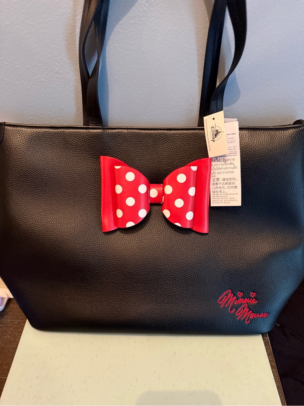 Disney Parks Minnie Mouse Black Tote with Red Polka Dot Bow